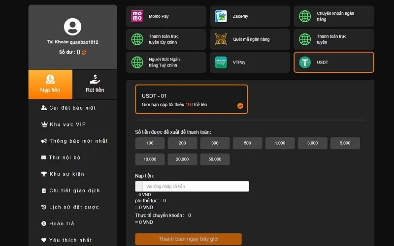 Cách nạp tiền 88nn qua USDT